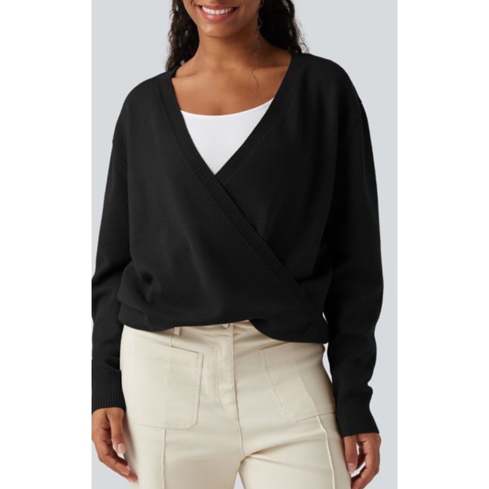 Halara NWT V Neck Dropped Shoulder Long Sleeve Wrapped Relaxed Casual Sweater XL
